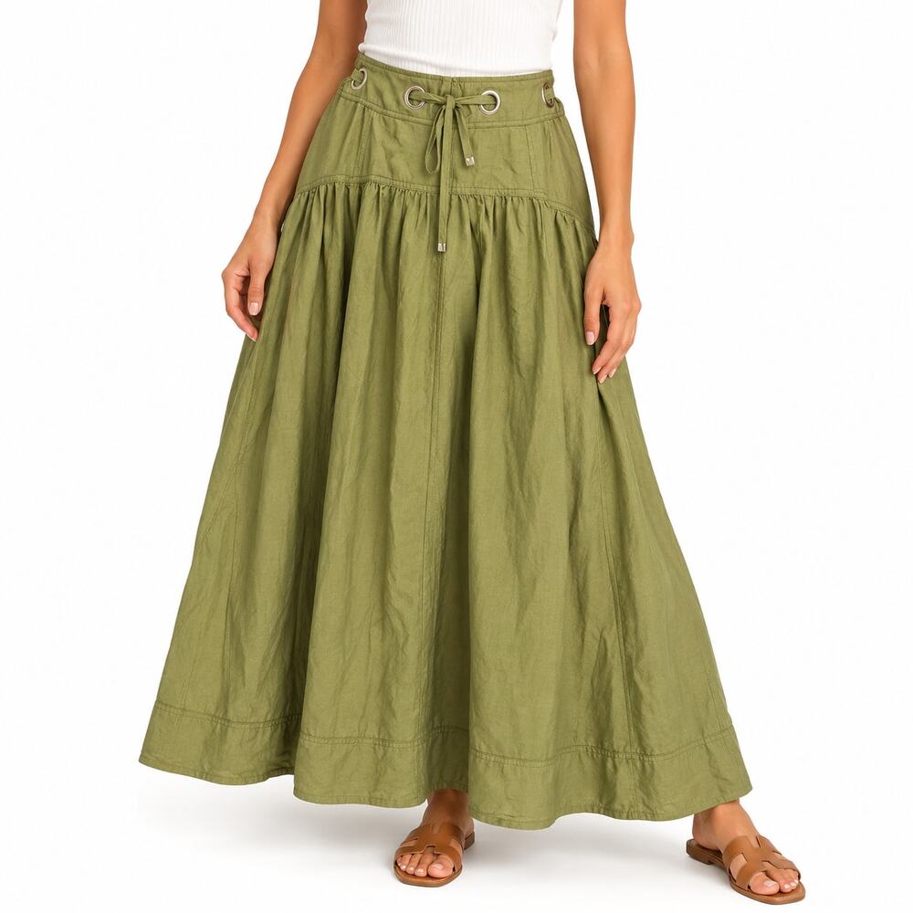 Joie Womens M Olive Green Drawstring Waist Maxi Skirt Flowy Coastal Lagenlook